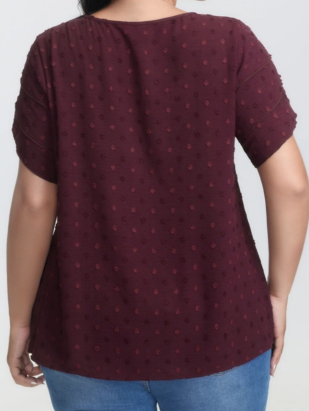 Bloomchic Plum Top Ruffle Short Sleeves Size 14-16, Wine Coloe, Textured Dots